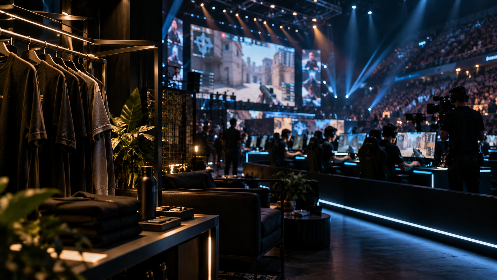 Bastidores de campeonato de esports com área de ativação de marca e palco competitivo